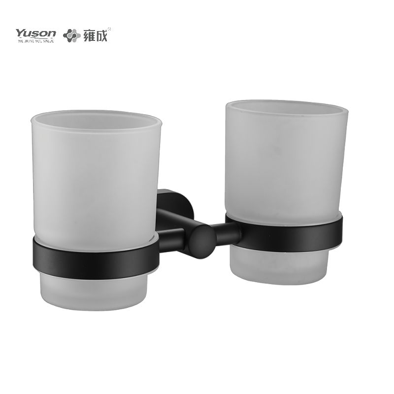 13384D Aksesori Kamar Mandi Ramping, Tempat Tumbler Gelas Ganda, dengan Gelas Kaca Buram/Tempered, Tempat Tumbler Seng/Kuningan/SUS, Terpasang di Dinding (Seri 13300)