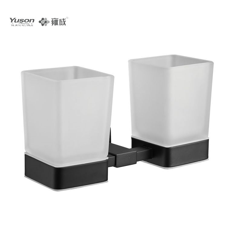 13484D Aksesori Kamar Mandi Ramping, Tempat Tumbler Gelas Ganda, dengan Gelas Kaca Buram/Tempered, Tempat Tumbler Seng/Kuningan/SUS, Terpasang di Dinding (Seri 13400)